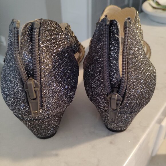 A satin and shimmering rhinestones embellished strappy wedge silhouette sandal - Picture 3 of 5